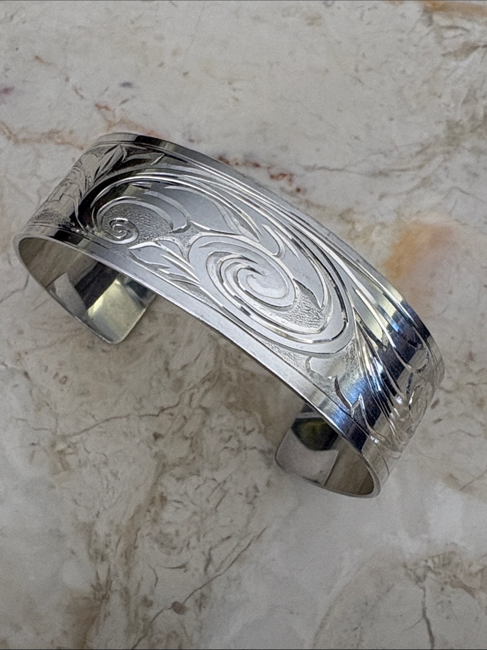 Handcrafted Sterling Silver Engraved Wide Cuff Bracelet | Scroll Design | 29.3g